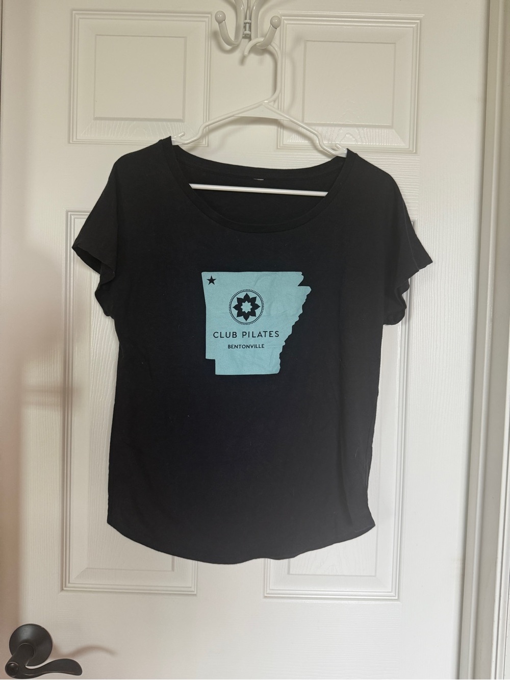 Club Pilates Bentonville Black Short-Sleeve Tee with Aqua Logo